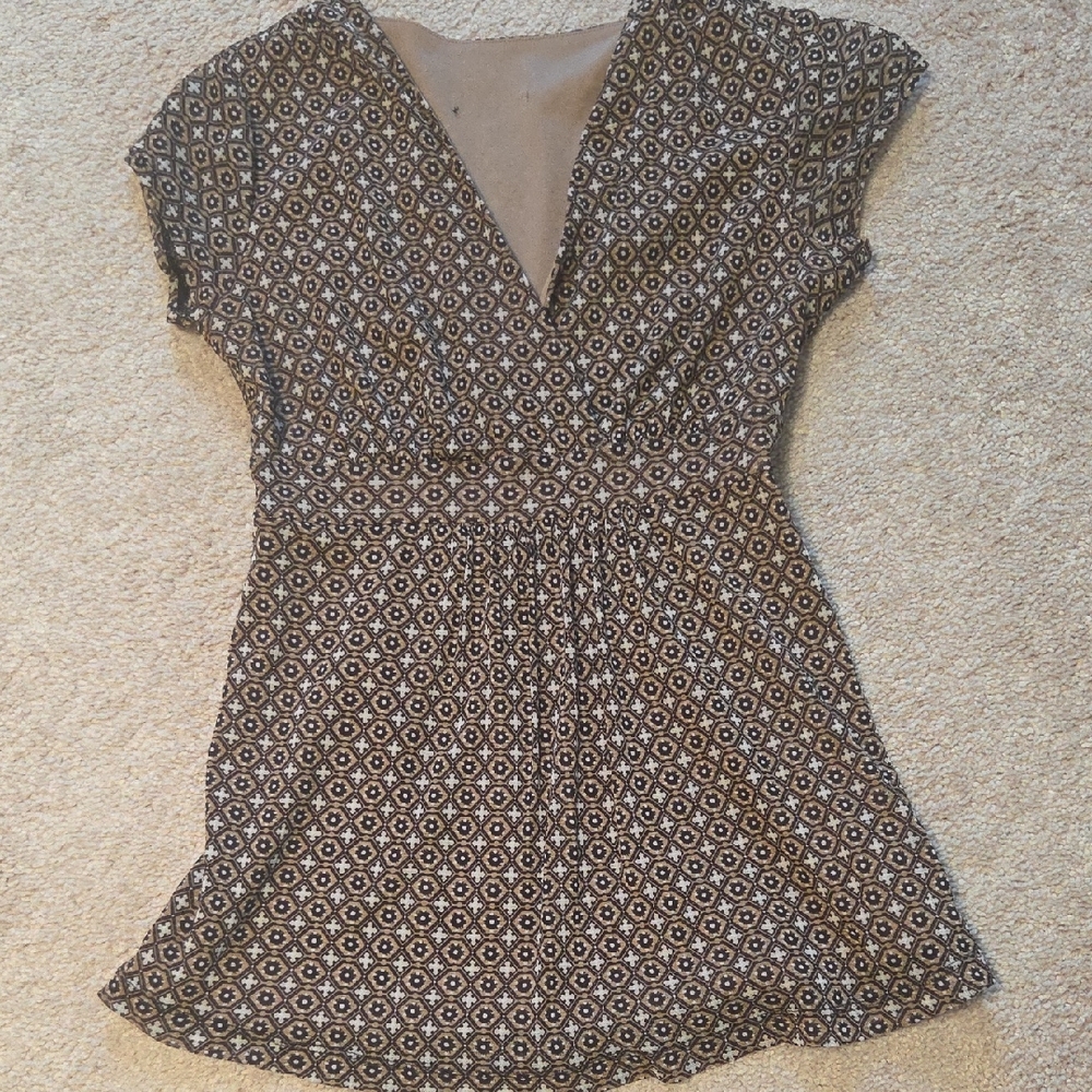 Brown Patterned V-Neck Dress
